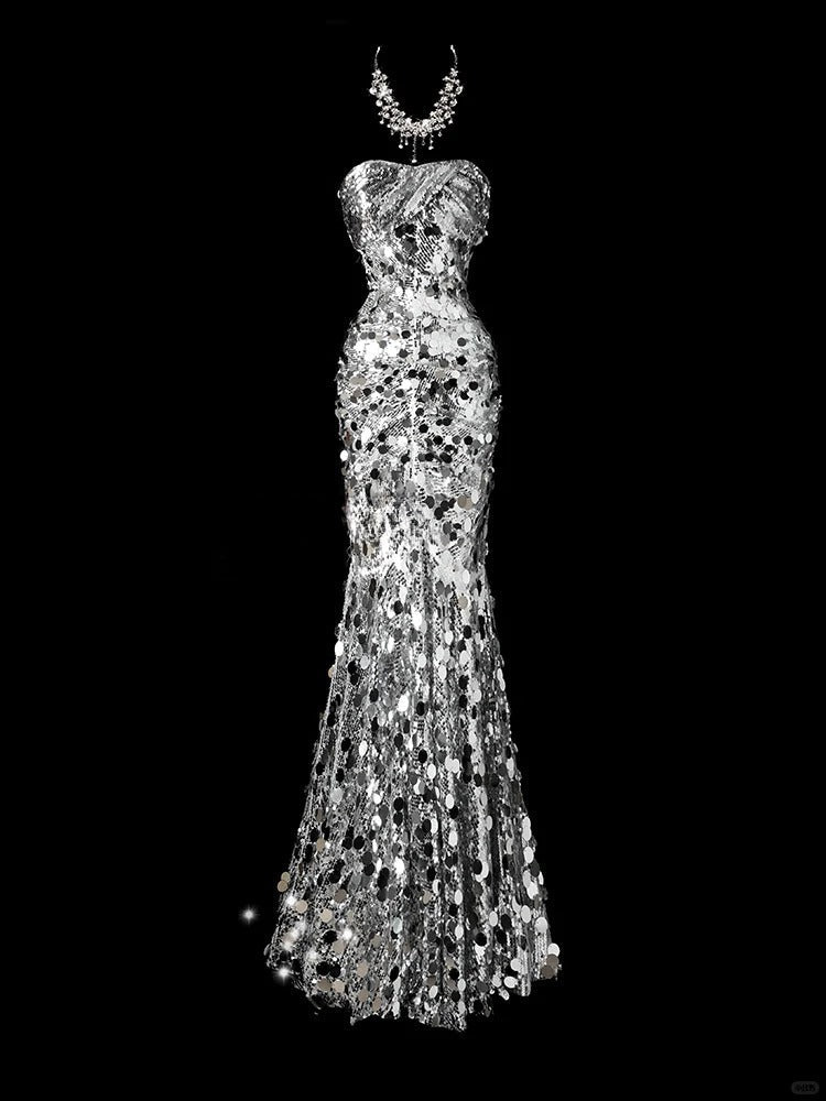 Mermaid Sweetheart Neck Evening Dress Modest Silver Sequined Formal Dress Long Prom Dress HZ1024