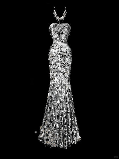 Mermaid Sweetheart Neck Evening Dress Modest Silver Sequined Formal Dress Long Prom Dress HZ1024