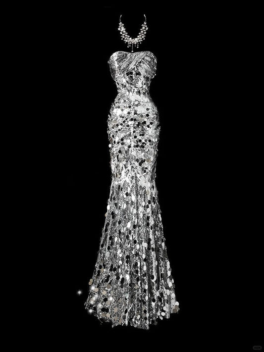 Elegant Mermaid Sweetheart Neck Evening Dress Modest Silver Sequined Formal Dress Long Prom Dress ED03837