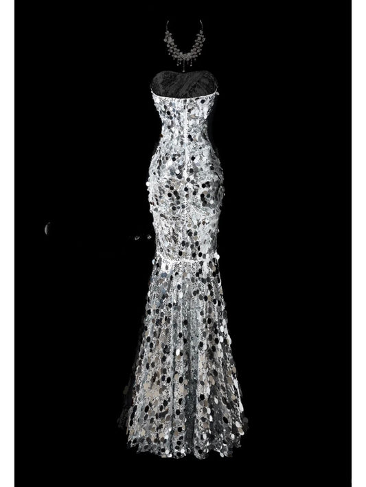 Mermaid Sweetheart Neck Evening Dress Modest Silver Sequined Formal Dress Long Prom Dress HZ1024