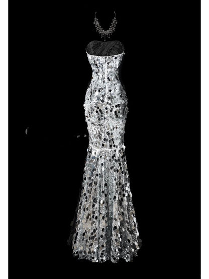 Mermaid Sweetheart Neck Evening Dress Modest Silver Sequined Formal Dress Long Prom Dress HZ1024