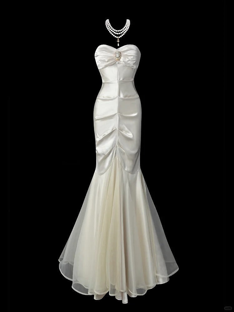 Mermaid Sweetheart Neck Evening Dress Modest Light Champagne Satin Tulle Formal Dress Long Prom Dress HZ1024