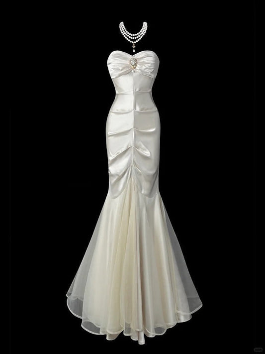 Mermaid Sweetheart Neck Evening Dress Modest Light Champagne Satin Tulle Formal Dress Long Prom Dress HZ1024