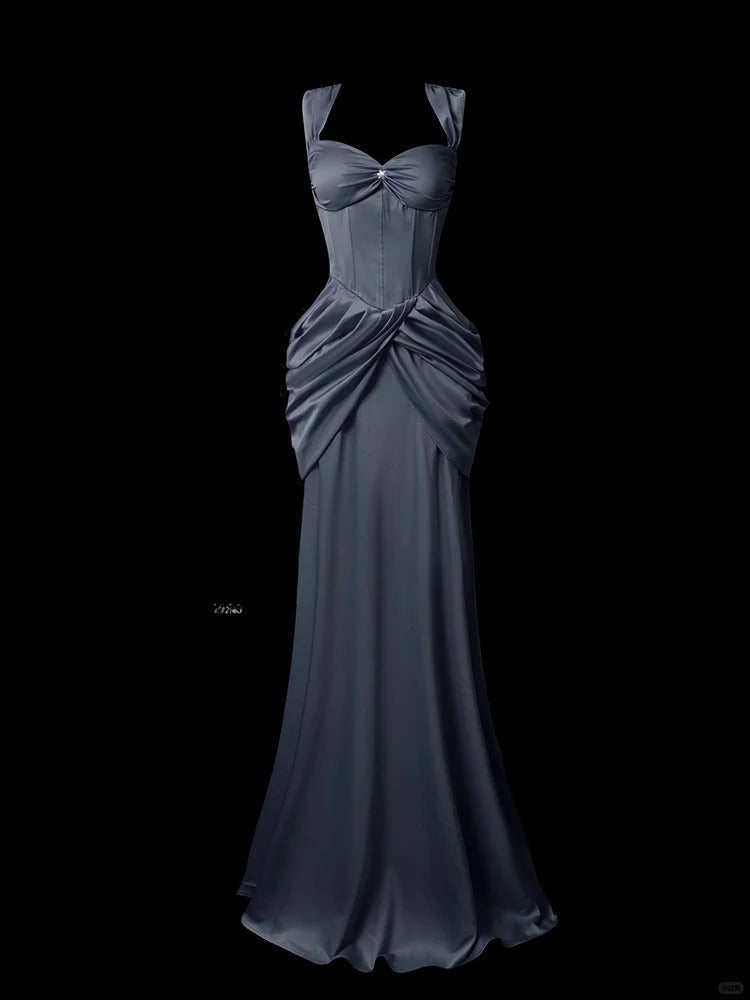Mermaid Sweetheart Neck Evening Dress Modest Dark Gray Satin Long Birthday Prom Dress Formal Dress HZ1024