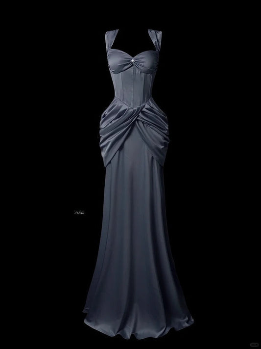 Mermaid Sweetheart Neck Evening Dress Modest Dark Gray Satin Long Birthday Prom Dress Formal Dress HZ1024