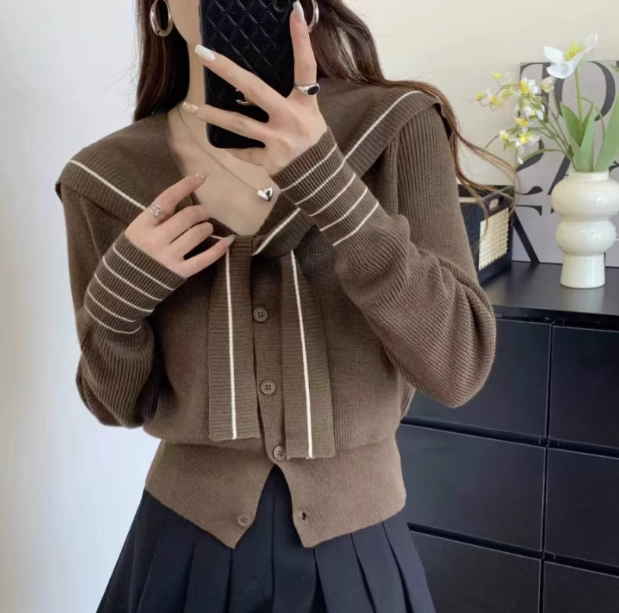 Navy Collar Shawl Knit Cardigan HZ1024