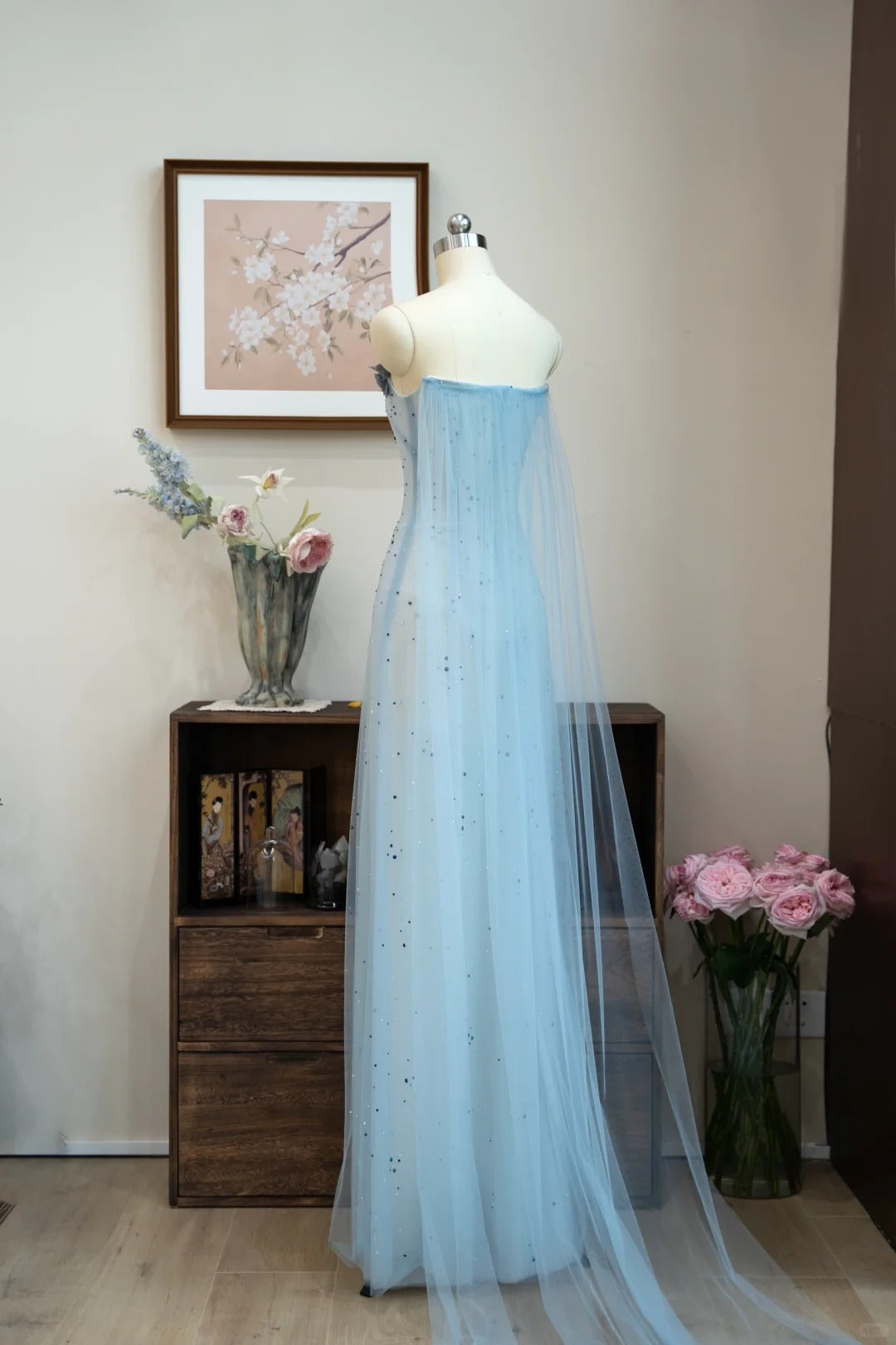 Elegant Strapless Sheath Applique Evening Dress Blue Tulle Beaded Formal Dress Sweet Birthday Dress ED03841