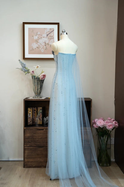 Elegant Strapless Sheath Applique Evening Dress Blue Tulle Beaded Formal Dress Sweet Birthday Dress ED03841