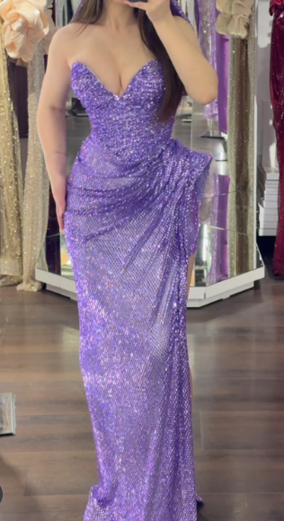 Elegant Sweetheart Neck Sheath Evening Dress Purple Glitter Net Formal Dress Modest Long Prom Dress ED03842