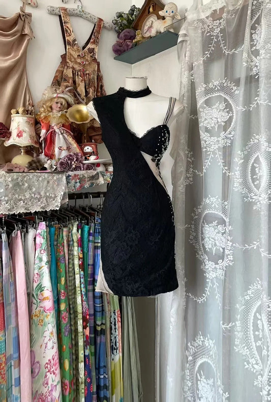 Bodycon Black Short Party Dress Asymmetrical Neck Hoco Dresses Lace Beading Formal Dress HZ1024