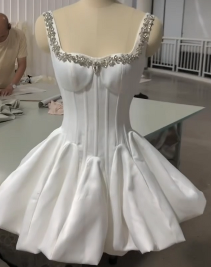 Sweet Square Neck Ball Gown Satin Short Party Dress Rhinestone Hoco Dresses Elegant Formal Dress Birthday Outfits  ED03854