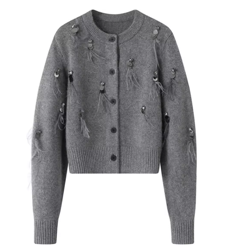 Chanel style tassel sequined diamond feather women's long sleeve cardigan HZ1024