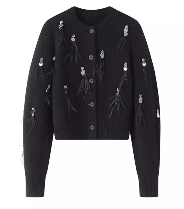 Chanel style tassel sequined diamond feather women's long sleeve cardigan HZ1024