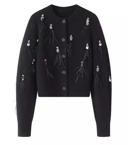 Chanel style tassel sequined diamond feather women's long sleeve cardigan HZ1024