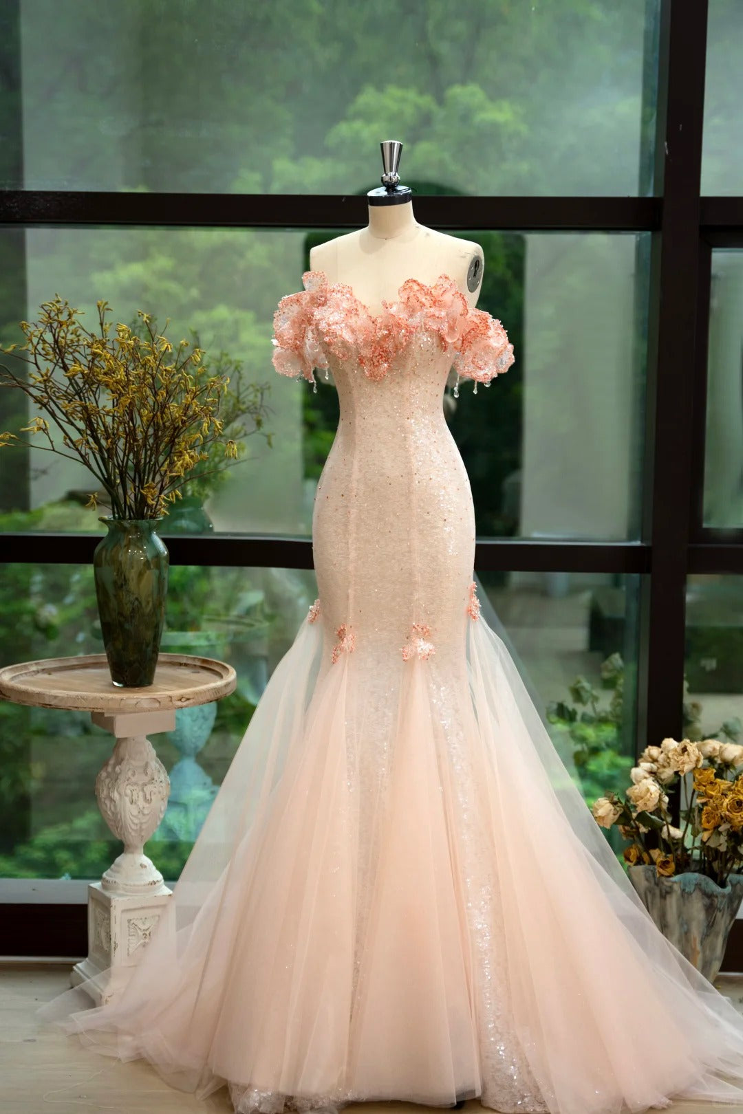Fairytale Off-the-shoulder Mermaid Tulle Evening Gown Light Coral Beaded Sequin Long Prom Dresses Sweet Birthday Outfits ED03863
