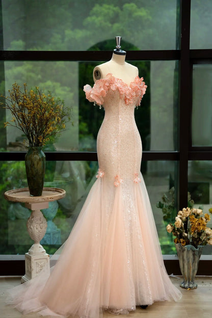 Fairytale Off-the-shoulder Mermaid Tulle Evening Gown Light Coral Beaded Sequin Long Prom Dresses Sweet Birthday Outfits ED03863