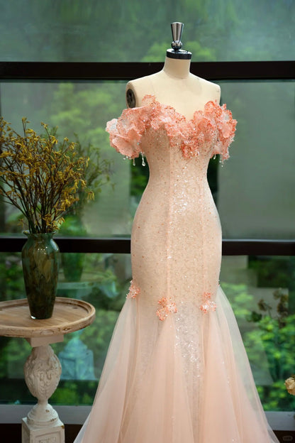 Fairytale Off-the-shoulder Mermaid Tulle Evening Gown Light Coral Beaded Sequin Long Prom Dresses Sweet Birthday Outfits ED03863