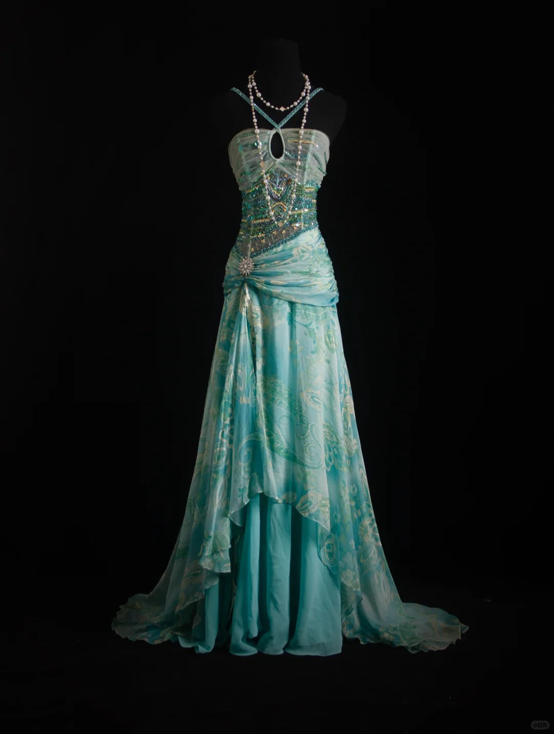 Blue Sheath Evening Gown Halter Glamour Printed Chiffon Long Prom Dress HZ1024