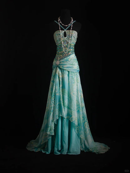 Blue Sheath Evening Gown Halter Glamour Printed Chiffon Long Prom Dress HZ1024
