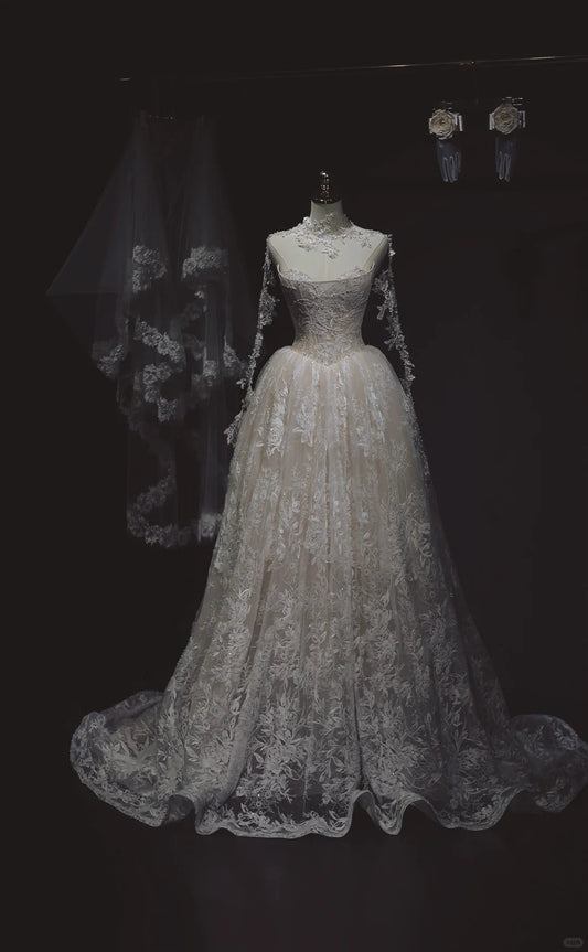 White Strapless Bridal Dress Lace Applique Ball Gown Modest Wedding Dress HZ1024