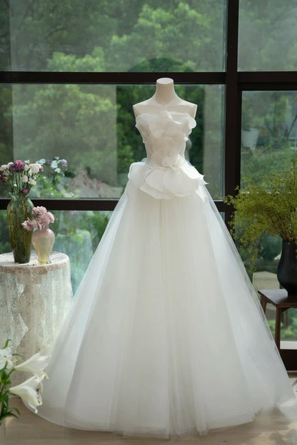 White Strapless Bridal Dress Long Ball Gown Elegant Tulle Long Wedding Dress HZ1024