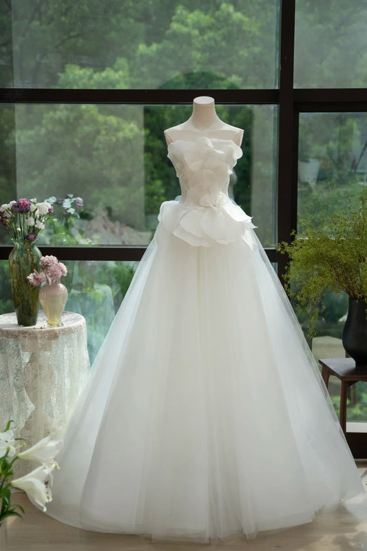 White Strapless Bridal Dress Long Ball Gown Elegant Tulle Long Wedding Dress HZ1024