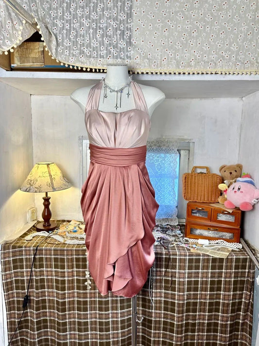 Retro Pink Halter Party Dress Satin Sheath Homecoming Dress Sweet 16th Birthday Dress Short Graduation Dress ED03883