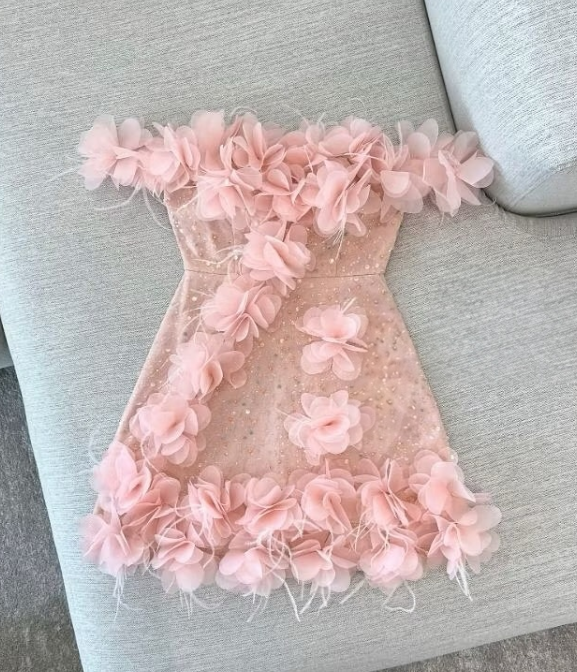Pink A-Line Party Dress Off-shoulder Tulle Sequins Three-dimensional Applique Homecoming Outfit Sweet 16th Birthday Dress HZ1024