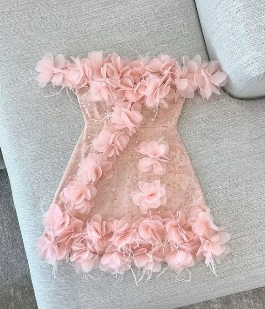 Pink A-Line Party Dress Off-shoulder Tulle Sequins Three-dimensional Applique Homecoming Outfit Sweet 16th Birthday Dress HZ1024