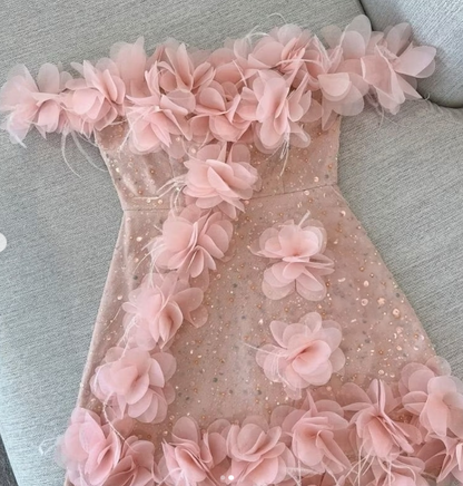 Fairytale Pink A-Line Party Dress Off-shoulder Tulle Sequins Three-dimensional Applique Homecoming Outfit Sweet 16th Birthday Dress ED03886