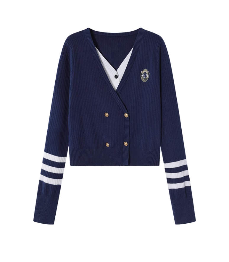 College style fake two-piece V-neck sweater ED0388
