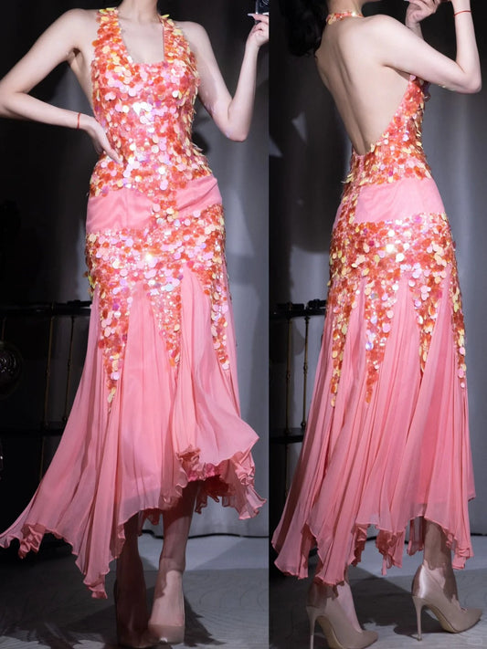 Dark Peach Sheath Halter Prom Dresses Pink Sequin Chiffon Evening Dress Elegant Backless 22nd Birthday Outfit HZ1024