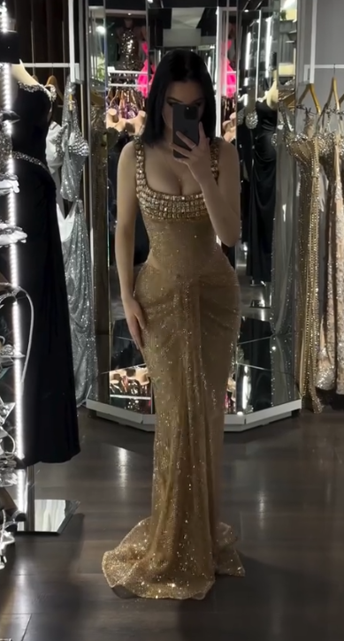 Elegant Gold Sheath Corset Long Prom Dresses Square Neck Sequin Mesh Evening Gowns ED03893