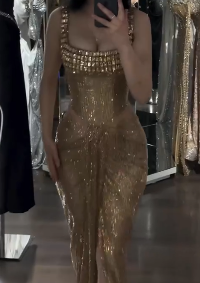 Elegant Gold Sheath Corset Long Prom Dresses Square Neck Sequin Mesh Evening Gowns ED03893
