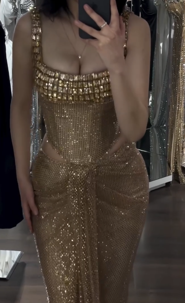 Elegant Gold Sheath Corset Long Prom Dresses Square Neck Sequin Mesh Evening Gowns ED03893