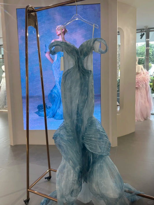 Elegant Ice Blue  Mermaid Off-the-shoulder Long Prom Dresses Stunning Tulle Evening Gowns ED03894