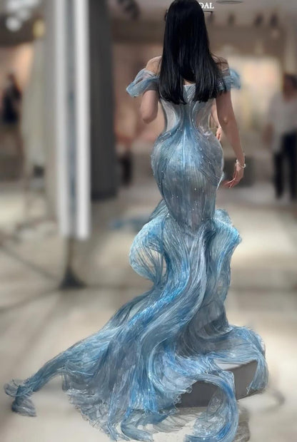 Elegant Ice Blue  Mermaid Off-the-shoulder Long Prom Dresses Stunning Tulle Evening Gowns ED03894