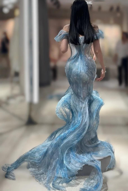 Elegant Ice Blue  Mermaid Off-the-shoulder Long Prom Dresses Stunning Tulle Evening Gowns ED03894