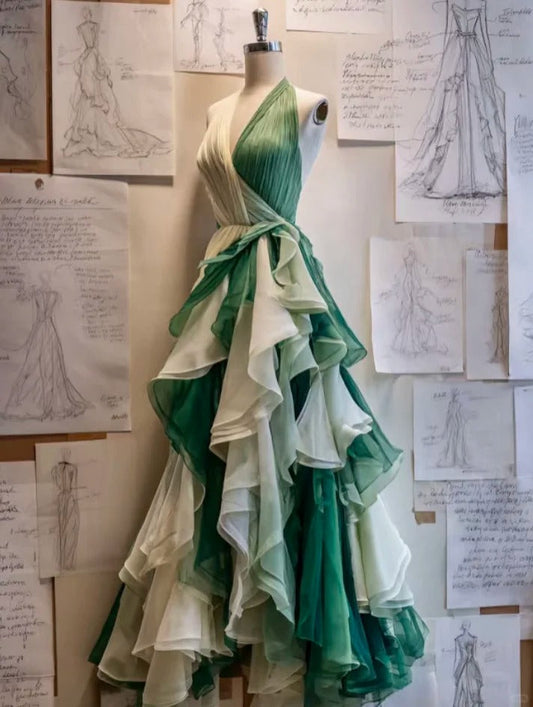 White/Green A-Line V-Neck Long Prom Dresses Chiffon Tiered Evening Gowns Vintage Birthday Dress HZ1024