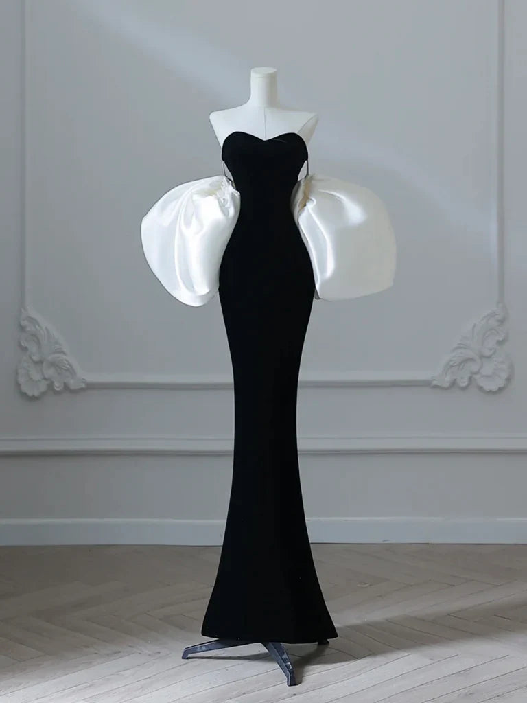 Simple Mermaid Velvet Puff Sleeves Black Long Prom Dress, Black Evening Dress ED038
