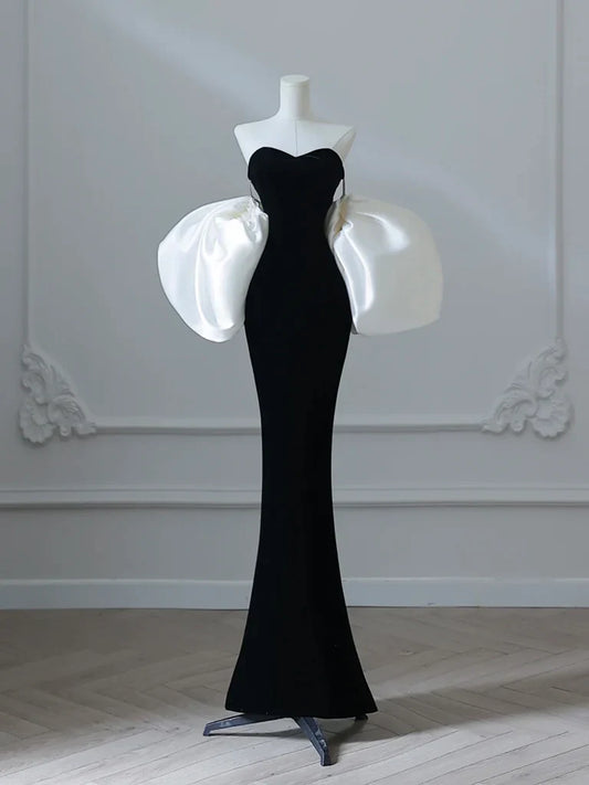 Simple Mermaid Velvet Puff Sleeves Black Long Prom Dress, Black Evening Dress ED038