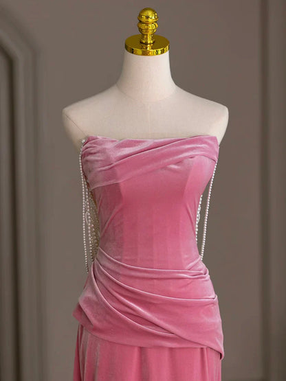 Mermaid Velvet Beads Pink Long Prom Dress, Pink Long Formal Dress ED039