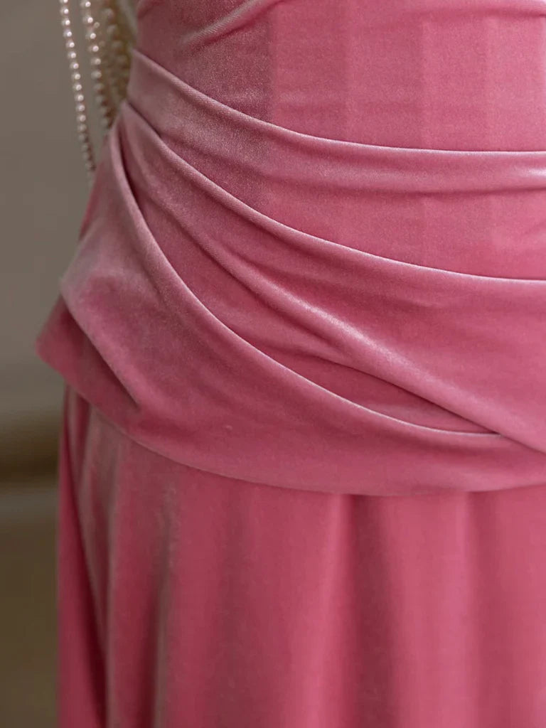 Mermaid Velvet Beads Pink Long Prom Dress, Pink Long Formal Dress ED039