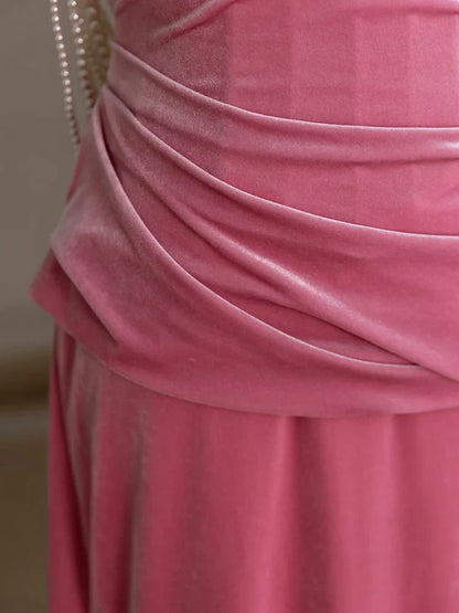 Mermaid Velvet Beads Pink Long Prom Dress, Pink Long Formal Dress ED039