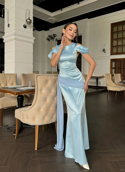Blue Jewel Sheath Evening Dress Satin Party Dress Wedding Guest Dress HZ1024