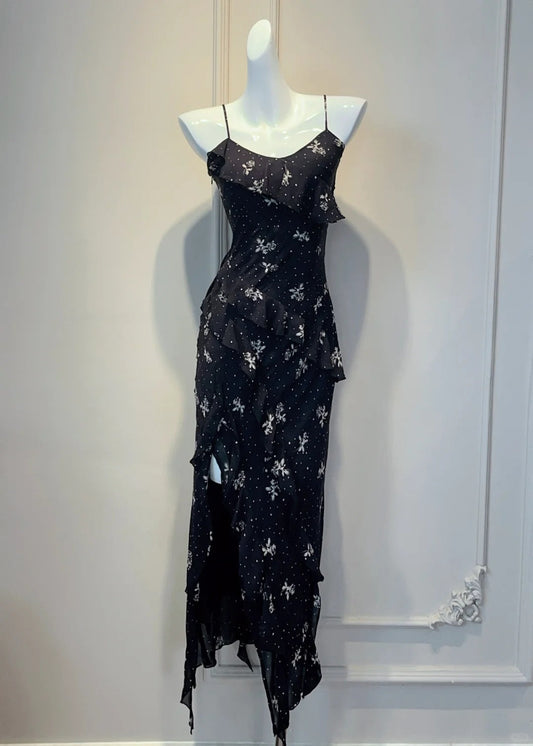 Balck Sheath Straps Evening Dress Chiffon Floral Party Dress 16th Birthday Outfits HZ1024