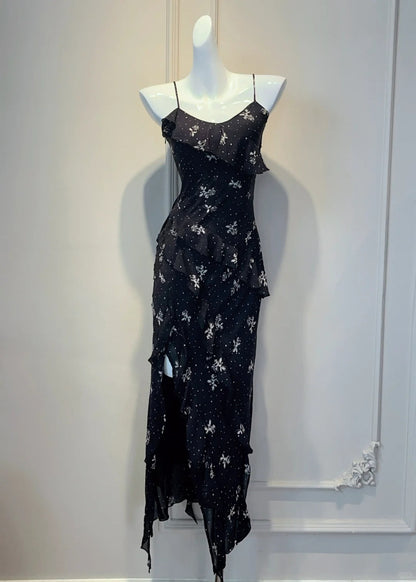 Elegant Balck Sheath Straps Evening Dress Chiffon Floral Party Dress 16th Birthday Outfits ED03901