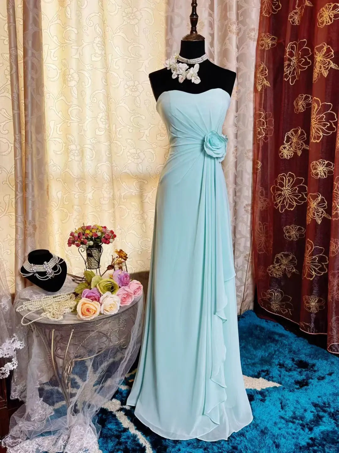 Elegant Tiffany Blue Sheath Long Prom Dress Chiffon Vintage Evening Gown Sweetheart Formal Dress ED03902