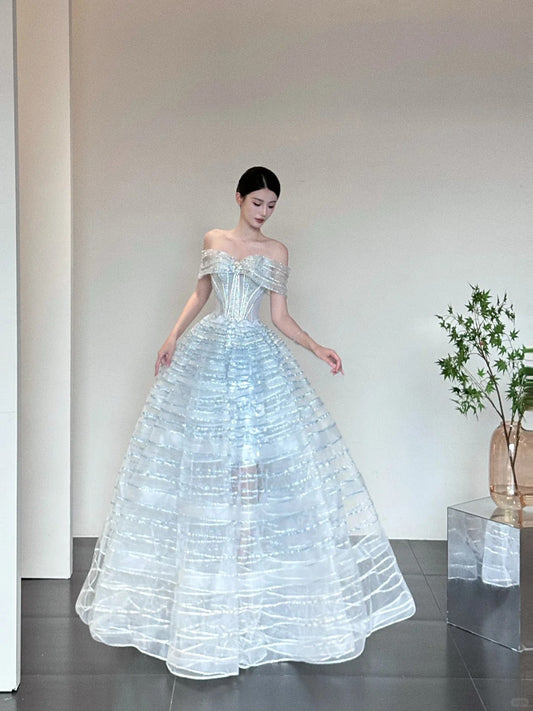 Elegant Ice Blue Off-Shoulder Ball Gown Long Prom Dress Tulle Sequins Birthday Dress Sweet 16 Dress ED03903