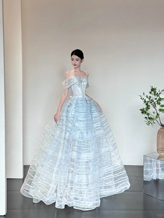 Ice Blue Off-Shoulder Ball Gown Long Prom Dress Tulle Sequins Birthday Dress Sweet 16 Dress HZ1024